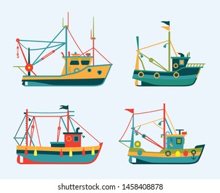 Flat colorful fishing boats. Seafood boats illustration. Set of different types of marine fishery boats.