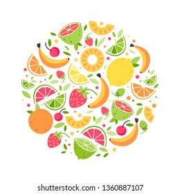 Flat colorful fruits background. Vector summer fruits and berries pattern. Summer fruits for healthy lifestyle. Vector flat cartoon rounded illustration on white background.