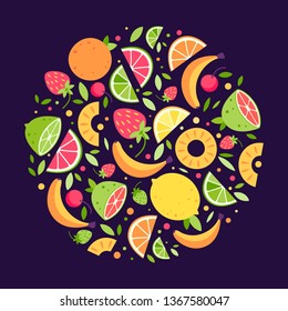 Flat colorful fruits background. Vector summer fruits and berries pattern. Summer fruits for healthy lifestyle. Vector flat cartoon rounded illustration on dark background.