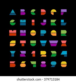 Flat colorful geometric shapes letters style font with numbers on a black background
