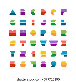 Flat colorful geometric shapes letters style font with numbers on a white background