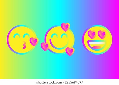 Flat colorful gradient face emoji set. Retro 90s style emoticon. Emoticons vector collection: smile, laugh, love, winking, happy, heart, kiss.