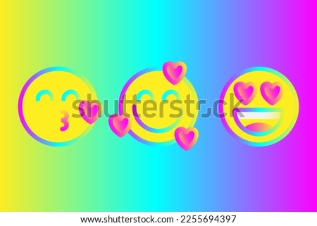 Flat colorful gradient face emoji set. Retro 90s style emoticon. Emoticons vector collection: smile, laugh, love, winking, happy, heart, kiss.