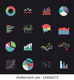 Flat colorful graph icons on dark background