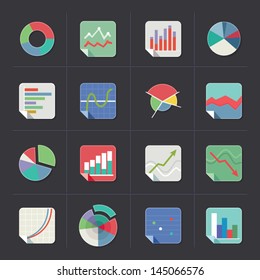 Flat colorful graph icons on dark background