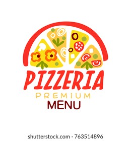 Flat colorful half of pizza with vegetables and sausage for premium pizzeria menu logo creative design element. Vector isolated on white