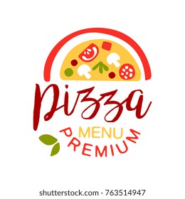 Flat colorful half of pizza with vegetables and sausage. Premium pizzeria menu logo creative design element. Vector isolated on white