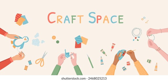 Flat colorful hand craft hobby background, children origami handicraft art activity collection, hands make creative painting and beading craftwork, top view handmade DIY workshop banner concept.