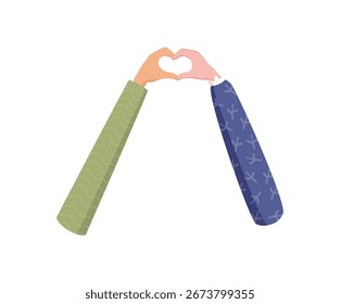 Mãos coloridas planas criando símbolo de coração. Dois braços formam forma de amor e esperança. Símbolo de unidade e solidariedade, enfatizando os valores da comunidade de amizade, ideais para igualdade, cuidado, conexão humana