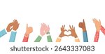 Flat colorful hands with heart gesture and applause. Human hands clap and show love happiness in a cheerful community. Perfect for banners, social media, creative projects.