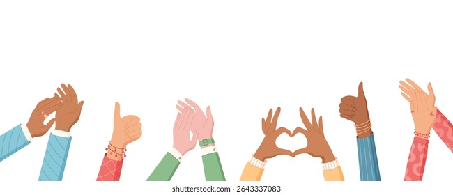 Flat colorful hands with heart gesture and applause. Human hands clap and show love happiness in a cheerful community. Perfect for banners, social media, creative projects.