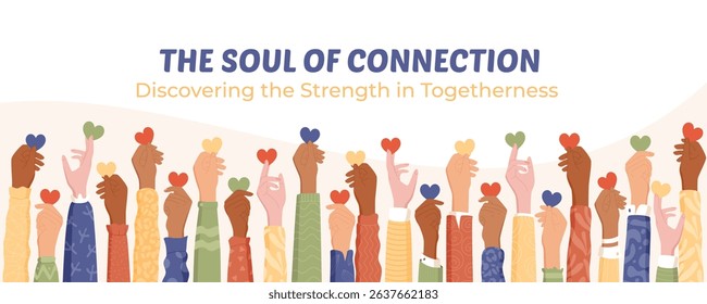 Flat colorful hands raised with hearts, symbolizing teamwork and charity. Multicultural community united in solidarity and hope. Ideal for banners promoting volunteer support philanthropy themes.