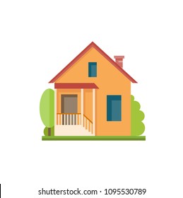 Flat Colorful House Front Icon. Cottage With  Porch And Orange Walls. Modern Design Structures Vector Illustration