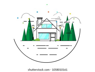 A flat colorful house in the suburbs. A vector illustration of flat lines. A white house in the forest with phonories.