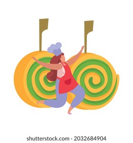 Flat colorful icon with canape appetizer and happy chef character on white background vector illustration
