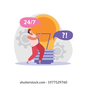 Flat colorful icon with character working at twenty four hour online support vector illustration