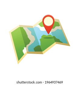 Flat colorful icon of paper map and red location sign vector illustration