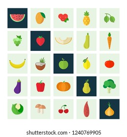 Flat colorful icons with fruits and vegetables. Vegan and raw food. Healthy eating, nutrition, cooking and diet template.
