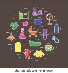 Flat colorful icons on baby themes composed in circle shape on brown background. Can be used for baby shower cards, invitations etc.