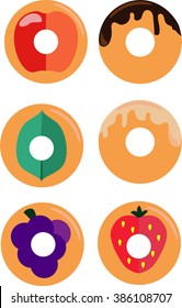 Flat colorful icons / pictures of donuts with different flavors and fillings (dark and white chocolate, apples, strawberries, grapes, berries)