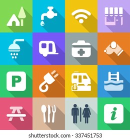 flat colorful icons set for camping with shadow