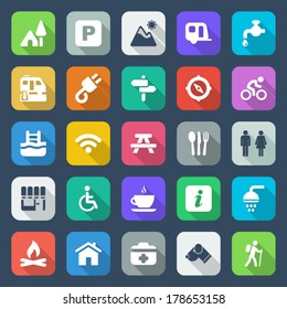 flat colorful icons set for field and camping with shadow