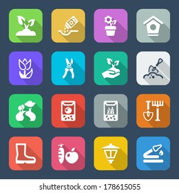 flat colorful icons set for gardening & agriculture, isolated with shadow