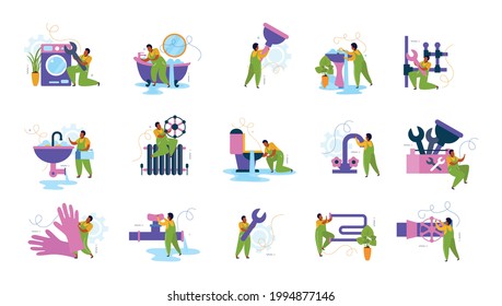 Flat colorful icons set with plumbers fixing leakage repairing washing machine radiator pipes working with wrench isolated vector illustration