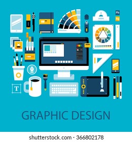 Flat colorful illustration about graphic design and art. Big set of icons and graphic elements.