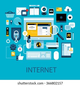 Flat colorful illustration about internet and web technologies. Big set of icons and graphic elements.