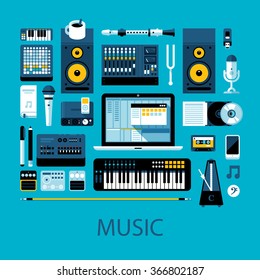 Flat colorful illustration about music, music creation and modern music equipment. Big set of icons and graphic elements.