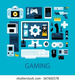 Flat colorful illustration about videogames, gamers and electronic entertainment. Big set of icons and graphic elements.