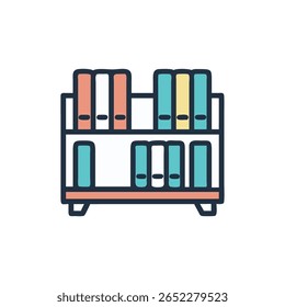 Uma ilustração plana e colorida de uma estante com documentos. Possui formas geométricas simples e paleta de cores em negrito.