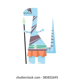 Flat colorful illustration of dinosaur with spear. Simple shapes