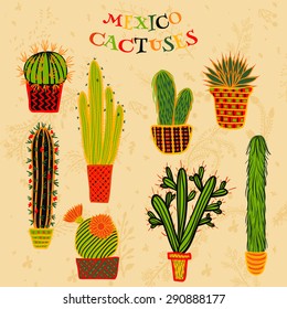 Flat colorful illustration of Mexican succulent plants and cactuses in pots. Vector botanical graphic set with  florals.