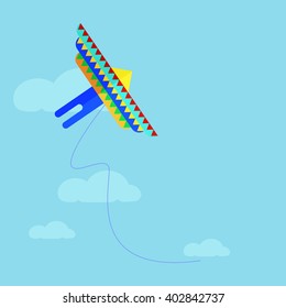  Flat colorful kite flying on the background of blue sky and clouds. Cartoon kite flying flies in the sky. Vector stock illustration.