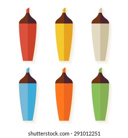 Flat Colorful Markers with Shadow Set isolated over white. Back to School and Education Set. Collection of Markers Objects isolated over white. Business life. Drawing Tools and Instruments