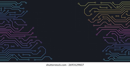 Flat colorful microelectronics circuit board banner isolated on a dark background. The geometric texture of digital technology, computer, motherboard, or high-tech technology. Vector illustration