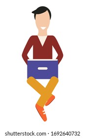 Flat colorful modern illustration of working business man, freelancer with laptop