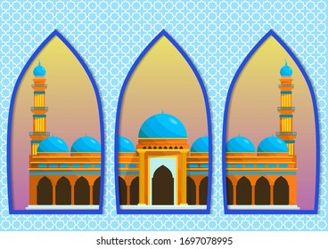 Flat colorful mosque background visible from the window or door