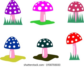 Flat colorful mushrooms concept with green grass on white background vector illustration, fungus set, EPS 10.