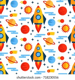 Flat Colorful Outer Space Rocket Seamless Vector Pattern