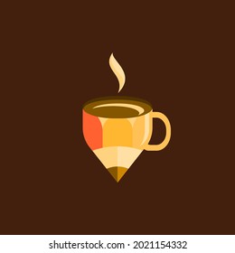 Flat, Colorful, Playful, Smart, Modern, Coffee Pencil Cup Vector Logo Icon Illustration