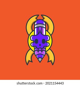 Flat, Colorful, Playful, Smart, Modern, Skull Pencil Vector Logo Icon Illustration