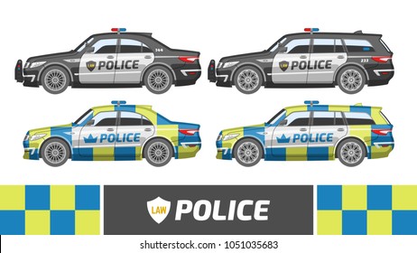 Flat colorful police car. Vector illustration sedan and station wagon patrol. Different safety automobile set. Protection vehicles.