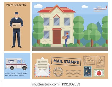 Flat colorful post service composition with postman holding box courier delivering parcel to customer van float plane mail stamps vector illustration
