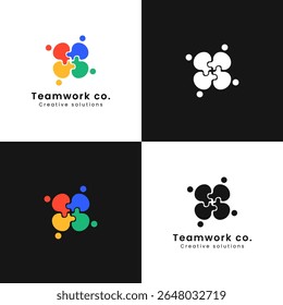 Flat colorful puzzle logo of four people connecting together, symbolizing collaboration, unity, and problem solving.