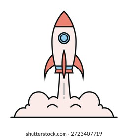 Ilustración de lanzamiento de cohete plana y colorida que simboliza el crecimiento de la startup, la innovación, el éxito y los nuevos comienzos, ideal para App, Sitios web, presentaciones y proyectos de marketing modernos.