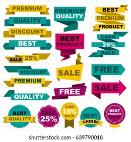 Flat colorful sale design elements set of ribbons banners and stickers with different inscriptions isolated vector illustration
