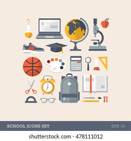 Flat colorful school icons set